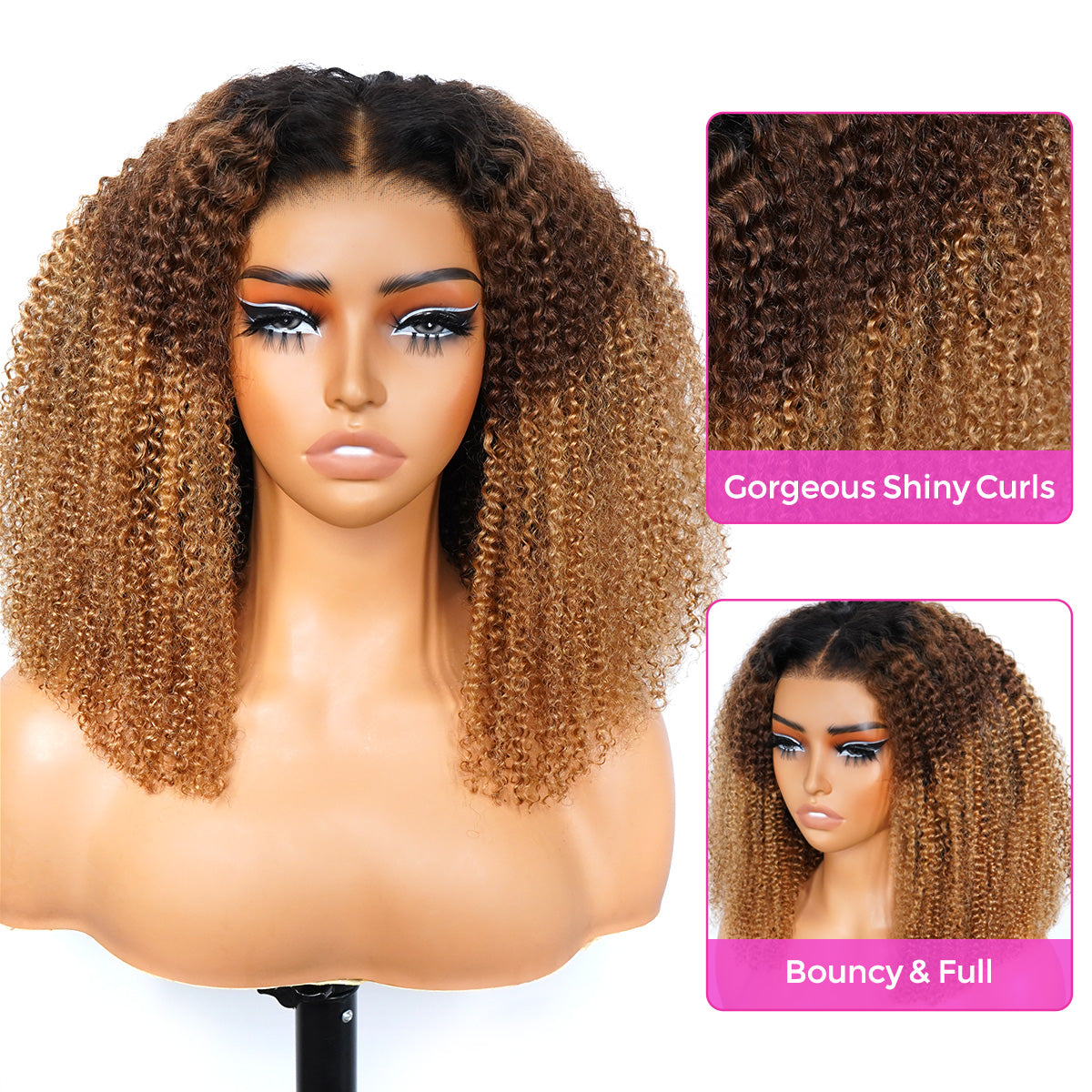 Seegethair Ombre Color Kinky Curly Wear Go Wigs 7x5 HD Lace Wigs 1b/4/27 3 Tone Color Wigs
