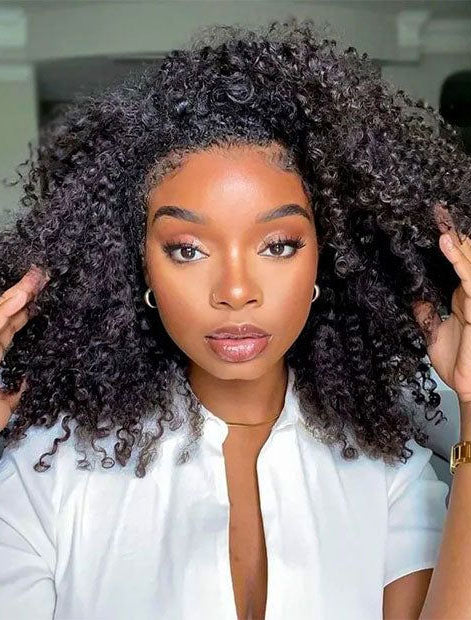 Simidola Glueless Afro Curly 3 In 1 Half Wig Drawstring Band Wear Go Wig Invisible Hairline