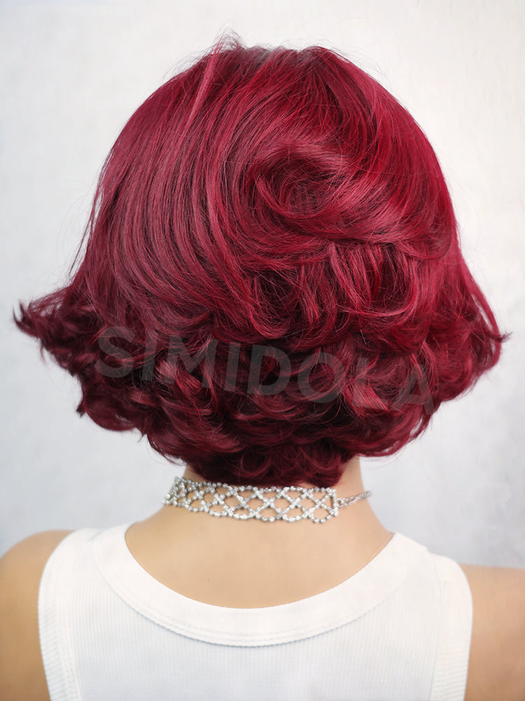 Simidola Layered Fluffy Blowout Style Bob 13x4 Lace Front 99J Color Transparent Wig