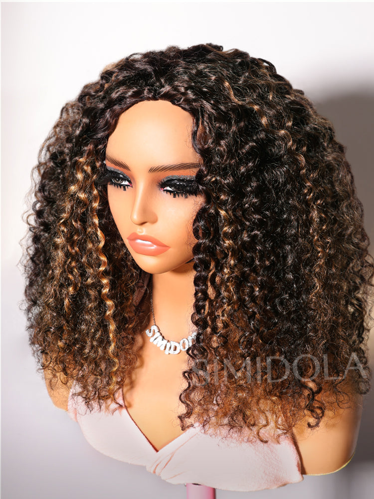Simidola Glueless 3 In 1 Half Wig Highlight Brown Water Wave Half Wig Draw-strings Flip Over Wig