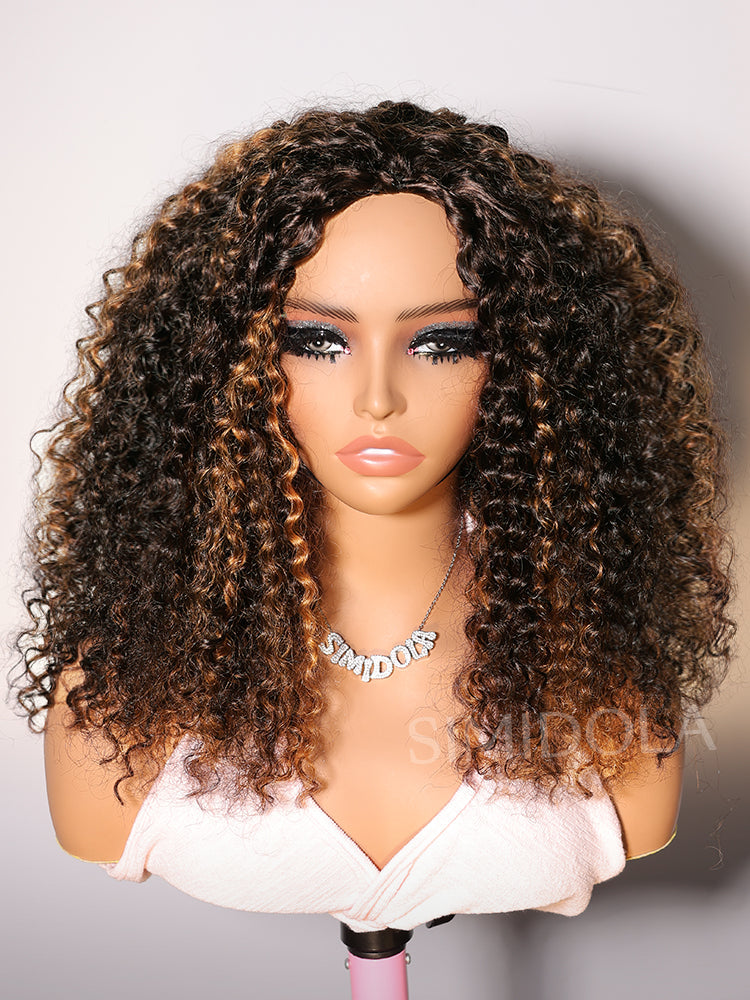 Simidola Glueless 3 In 1 Half Wig Highlight Brown Water Wave Half Wig Draw-strings Flip Over Wig