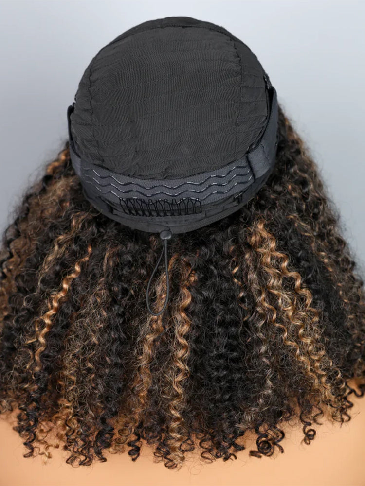 Simidola Glueless 3 In 1 Half Wig Highlight Brown Kinky Curly Half Wig Draw-strings Flip Over Wig