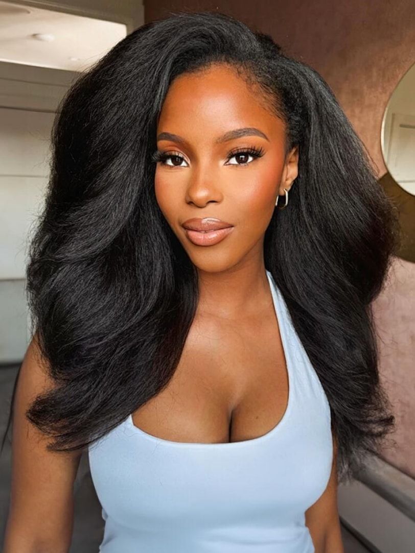 Simidola Glueless Kinky Straight 3 In 1 Half Wig Drawstring Band Wear Go Wig Invisible Hairline