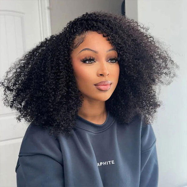 Seegethair Drawstring Afro Curly 3 in 1 Half Wigs With 4C Hairline Natural Blend Half Human Hair Wigs For Women