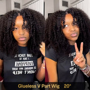 Seegethair Glueless Wigs V Part Afro Curly Wig No Leave Out Thin Part Human Hair Wig With Drawstring Beginner Friendly