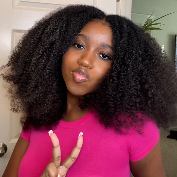 Seegethair Glueless Wigs V Part Afro Curly Wig No Leave Out Thin Part Human Hair Wig With Drawstring Beginner Friendly