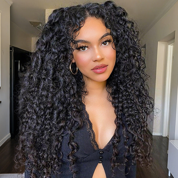Deep Wave 3 In 1 Half Wigs Flip Over Curly Human Hair Wigs 250% Density Full Machine Made Wear Go Wigs For Beginners