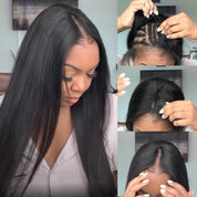 Seegethair 250% Density Straight Human Hair Wigs With Elastic Drawstring Natural Glueless V Part Wig Thin Part Human Hair Wig