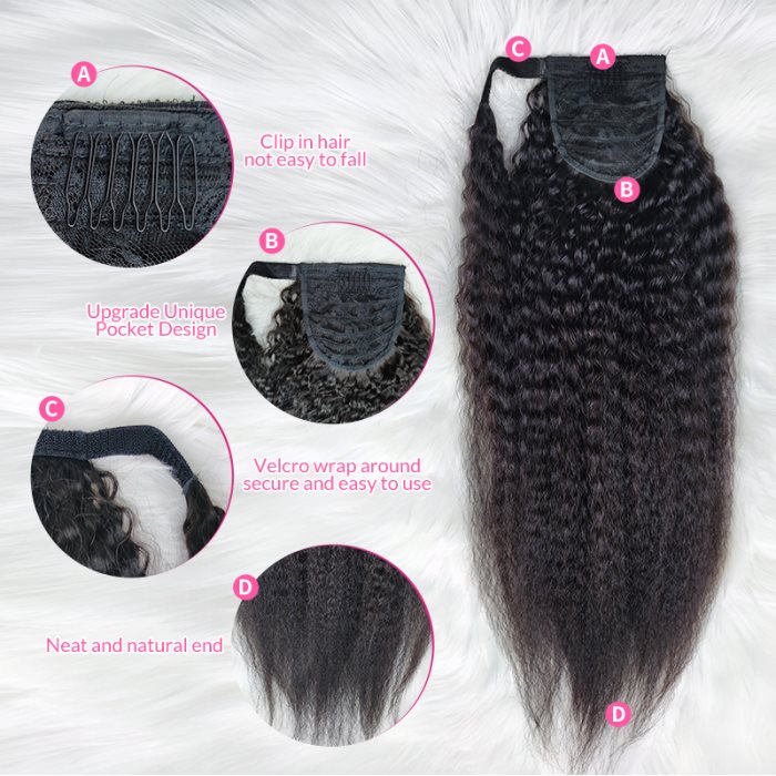 Simidola Wrap-around Magic Velcro Ponytail Extension Hair Kinky Straight Ponytail With Clip In 100% Human Hair