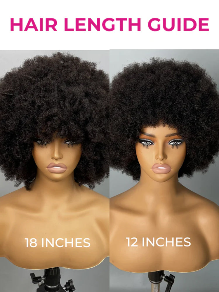 Simidola Glueless Afro Curly Bangs Wig Short Bob Fluffy Full Machine Made Human Hair Wig