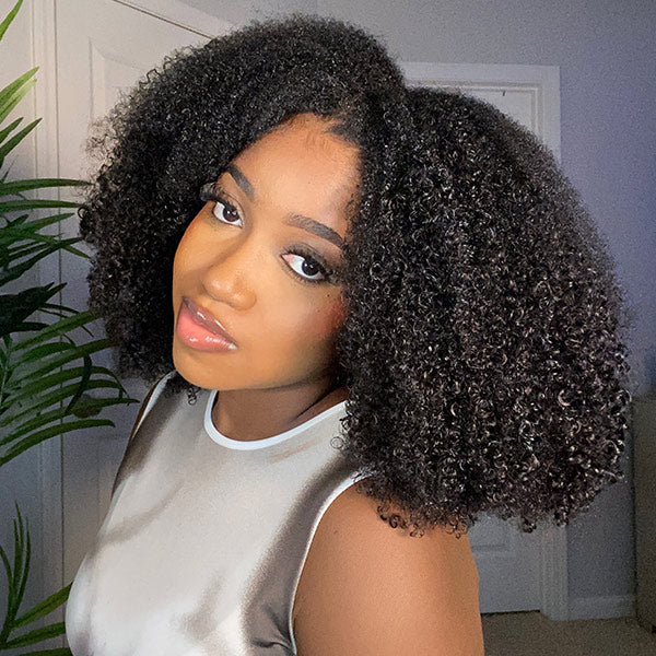 Seegethair Glueless Wigs V Part Afro Curly Wig No Leave Out Thin Part Human Hair Wig With Drawstring Beginner Friendly
