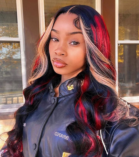 Simidola Black with Red & Blonde Highlights Body Wave Lace Front Wig