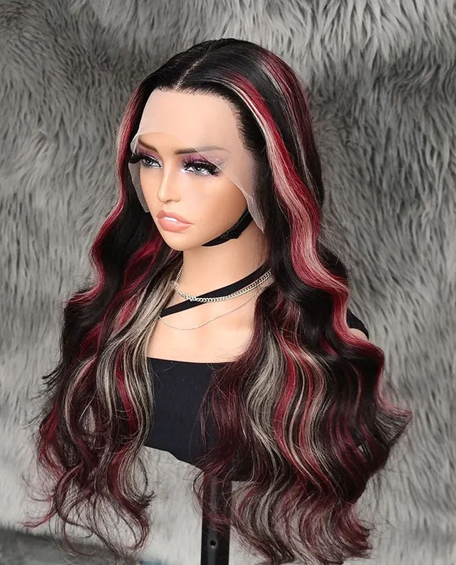 Simidola Black with Red & Blonde Highlights Body Wave Lace Front Wig