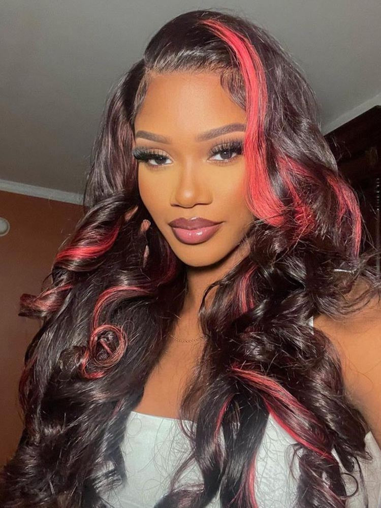 Simidola Black with Red & Blonde Highlights Body Wave Lace Front Wig