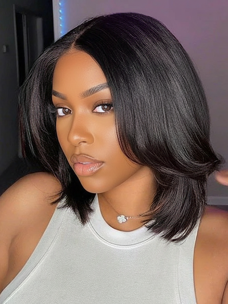 Simidola Yaki Straight Layered Cut 9x6 Tpart Wear Go Bob Wig Natural Black Deep Part Lace Glueless Wig