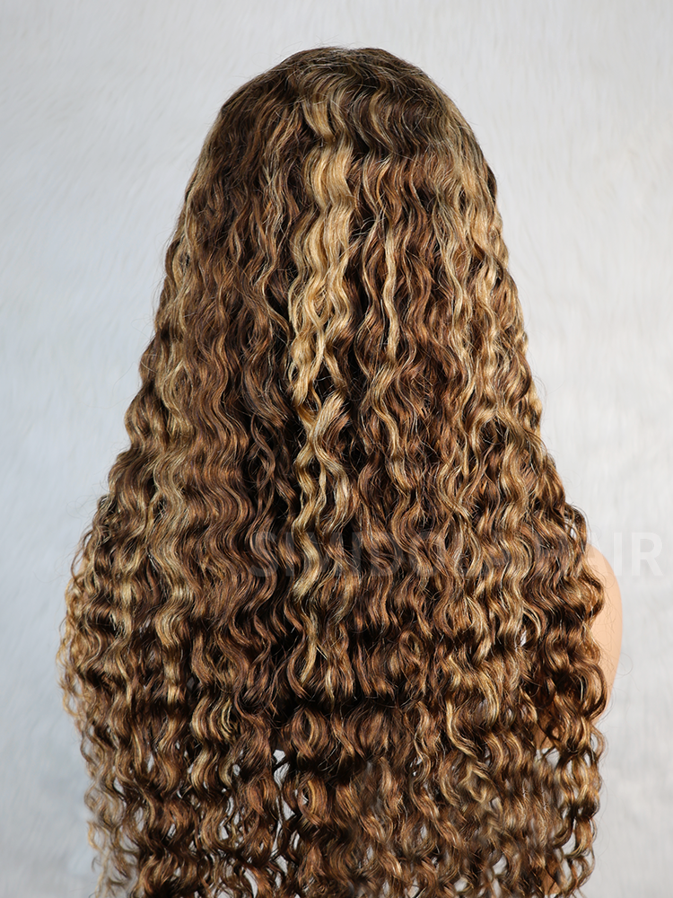 Simidola Highlight Brown Color 7x5 Lace Water Wave Wear Go Glueless Wig Pre Plucked Natural Hairline