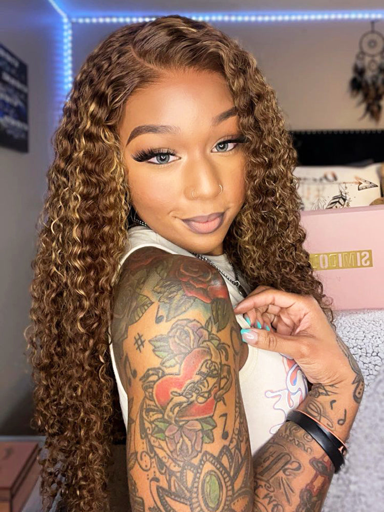 Simidola Highlight Brown Color 7x5 Lace Water Wave Wear Go Glueless Wig Pre Plucked Natural Hairline