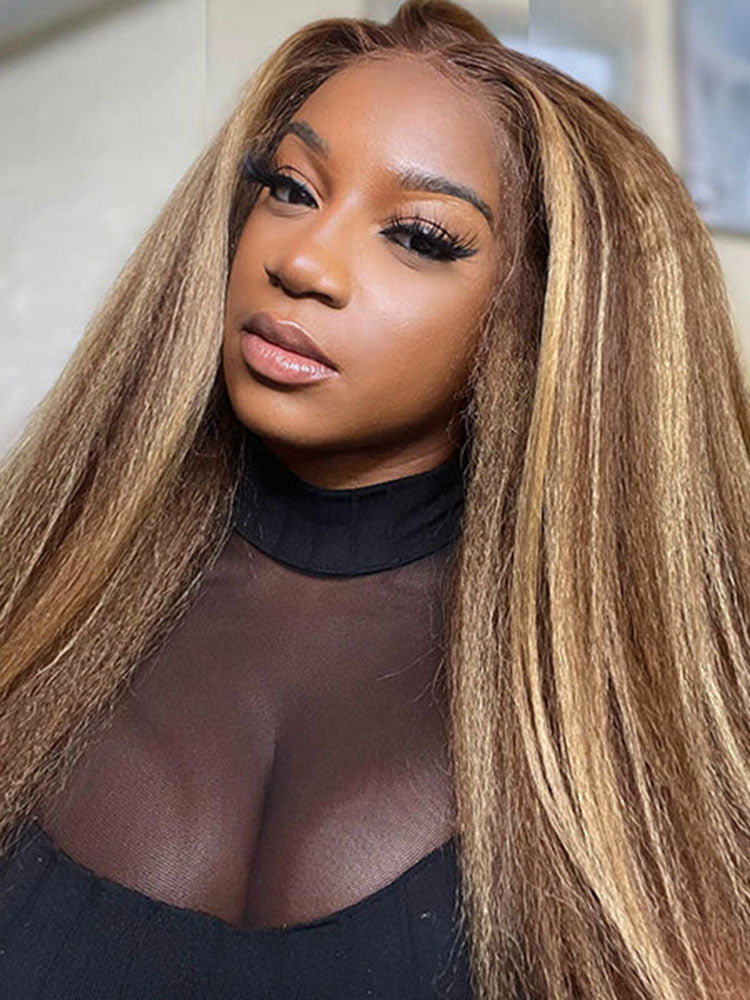 Simidola Honey Blonde Highlight Kinky Straight Lace Frontal Wig