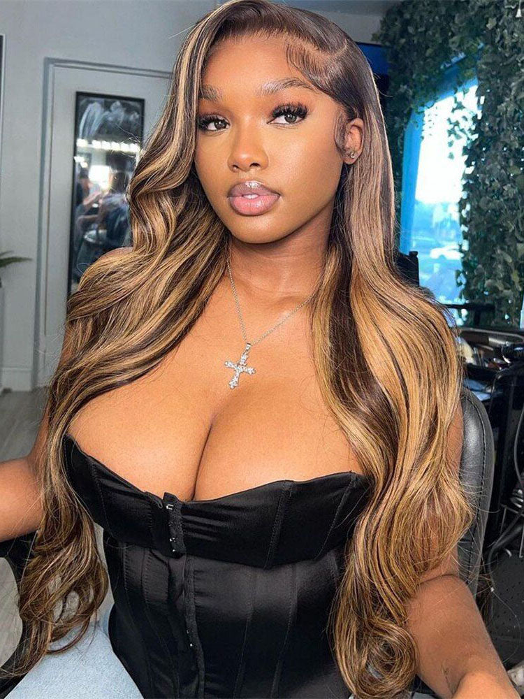 Simidola 13x4 13x6 Lace Highlight Brown Color Body Wave Glueless Wear Go Wig With Elastic Drawstring