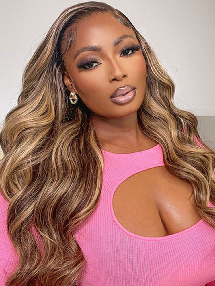 Simidola 13x4 13x6 Lace Highlight Brown Color Body Wave Glueless Wear Go Wig With Elastic Drawstring