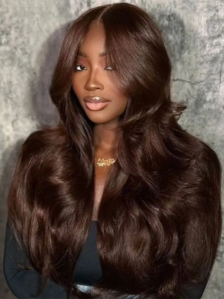 Face-Framing Layered Cut Chocolate Brown #4 Body Wave Wear Go Wig 7x5 Lace Closure 180% Glueless Color Wig