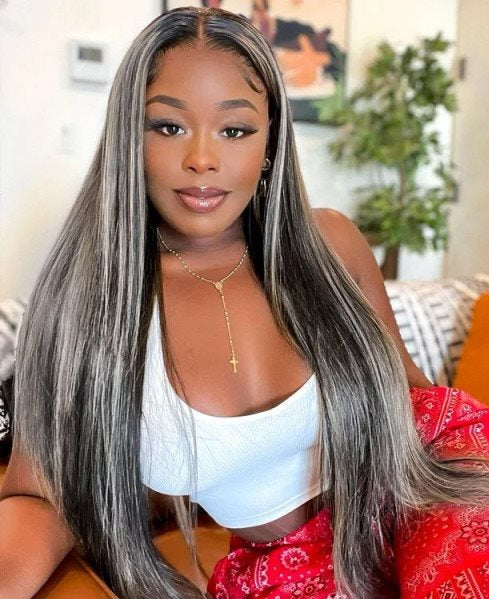 Simidola 4x4/13x4 Platinum Gray And Black Straight Highlights Hair Lace Front Wigs