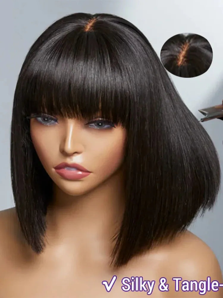 Simidola 4x4 Transparent Lace Straight Hair Bob Wig With Bangs
