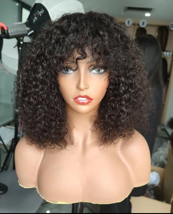 Simidola Glueless No Lace with Bangs Kinky Curly Bob Wig