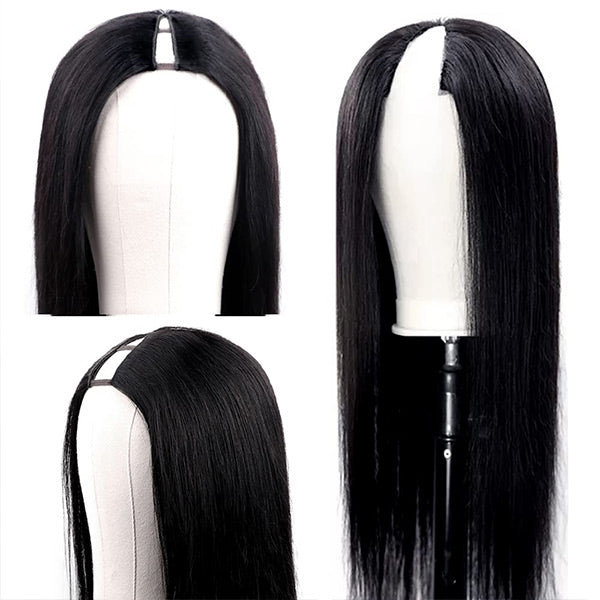 Seegethair 250% Density Straight Human Hair Wigs With Elastic Drawstring Natural Glueless V Part Wig Thin Part Human Hair Wig