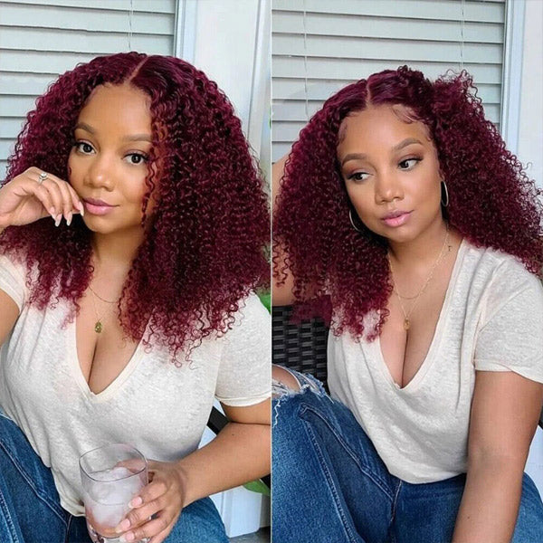 Burgundy Color Kinky Curly Wear Go Glueless Wigs Pre-Cut Lace Human Hair Wigs