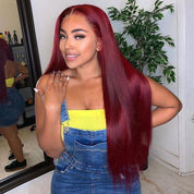 Burgundy Straight Human Hair Wear Go Glueless Wigs Pre-cut Hd Lace Wigs Preplucked Hairline