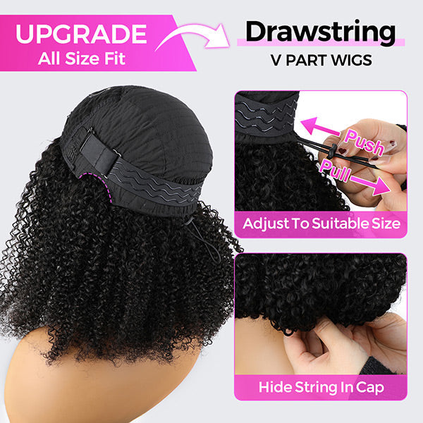 VSHOW Pre Styled Kinky Straight Burmese Curly V Part Human Hair Wigs 250% Density Natural Blend Curly Hair Wigs With Spiral Curls
