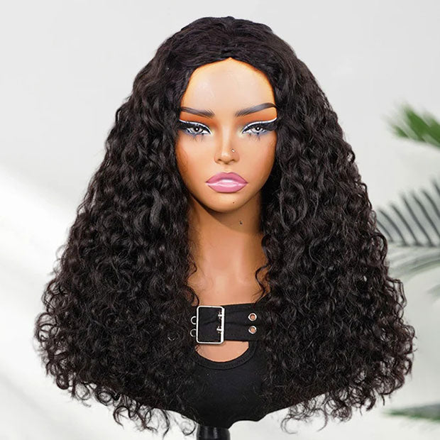 Seegethair Indian Curly 3 In 1 Half Wigs Natural Blend Human Hair Wigs With Drawstring Flip Over Curly Hair Glueless Wigs