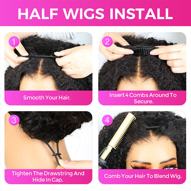 Pre Wand Curls Kinky Straight Wigs  250% Density 3 In 1 Half Wigs For Beginners Flip Over Human Hair Wig