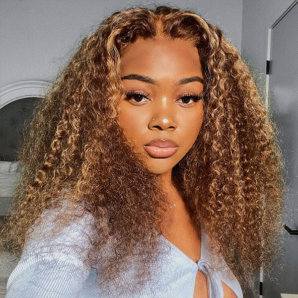 Ombre 4/27 Highlight Kinky Curly Hair V Part Human Hair Wigs No Leave Out Install