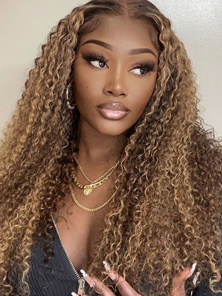 Simidola Highlight Brown Color 7x5 Lace Kinky Curly Wear Go Glueless Wig Pre Plucked Natural Hairline