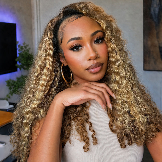 Seegethair 250% Ombre Highlights 3 In 1 Half Wigs Burmese Curly Glueless Human Hair Wigs WIth Drawstring