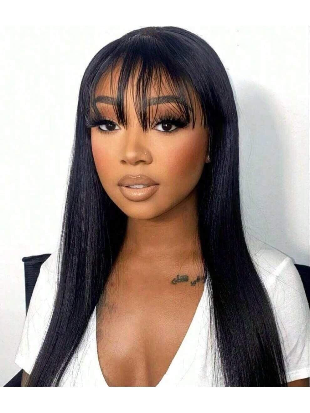 Pre-Everything 7x5 9X6 Straight Hair With Bangs Blunt Cut Soft Face-Framing Bangs Human Hair Wear Go Wig