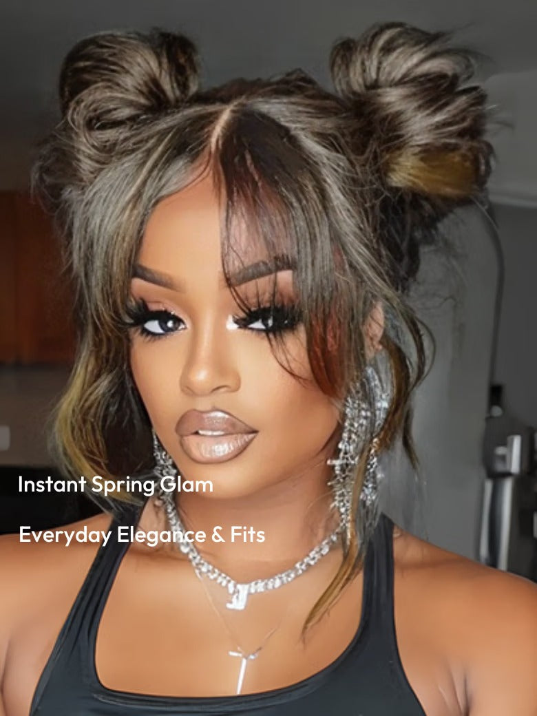 Simidola Glueless Highlight Balayage Color Body Wave With Bangs 7x5 Glueless Wig Pre-cut Lace Wear Go Wig