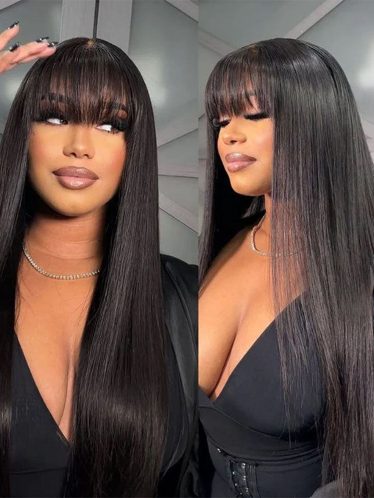 Pre-Everything 7x5 9X6 Straight Hair With Bangs Blunt Cut Soft Face-Framing Bangs Human Hair Wear Go Wig
