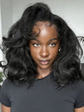 Simidola Glueless New In Pre-Styled Layered Cut Kinky Straight Half Wig Natural Black With Drawstring Invisible Hairline Human Hair Wigs