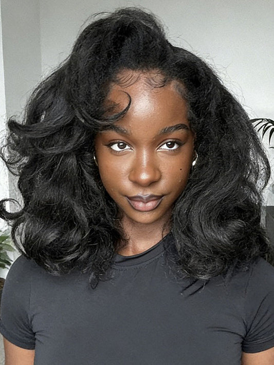 Simidola Glueless New In Pre-Styled Layered Cut Kinky Straight Half Wig Natural Black With Drawstring Invisible Hairline Human Hair Wigs