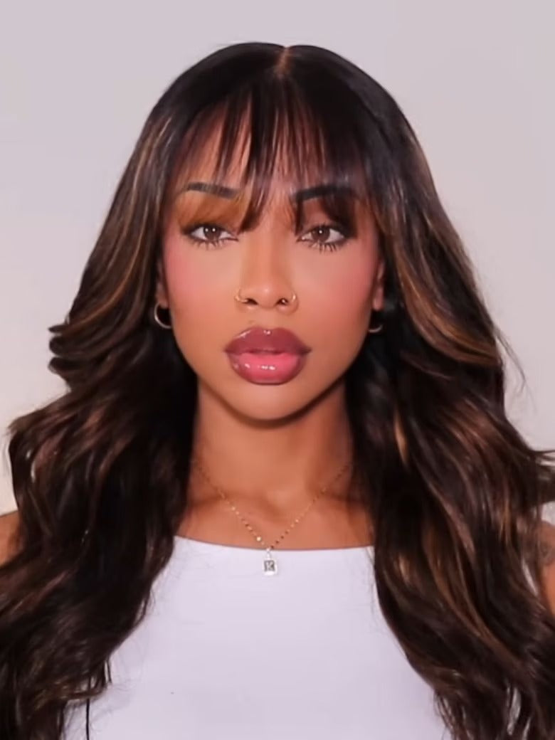 Simidola Glueless Highlight Balayage Color Body Wave With Bangs 9x6 Lace Glueless Wig Pre-cut Lace Wear Go Wig