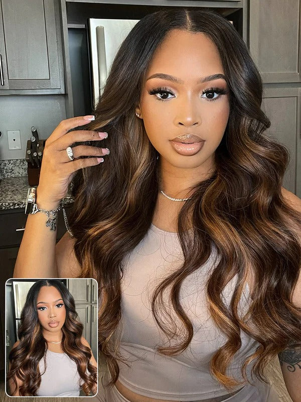 Simidola 9x6 Lace Highlight Balayage Color Body Wave Glueless Wear Go Wig