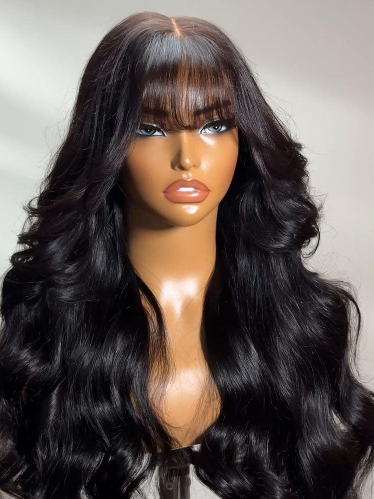 Pre-Everything Layered Cut Body Wave Black Fluffy Natural With Curtain Bangs Wear Go Wig