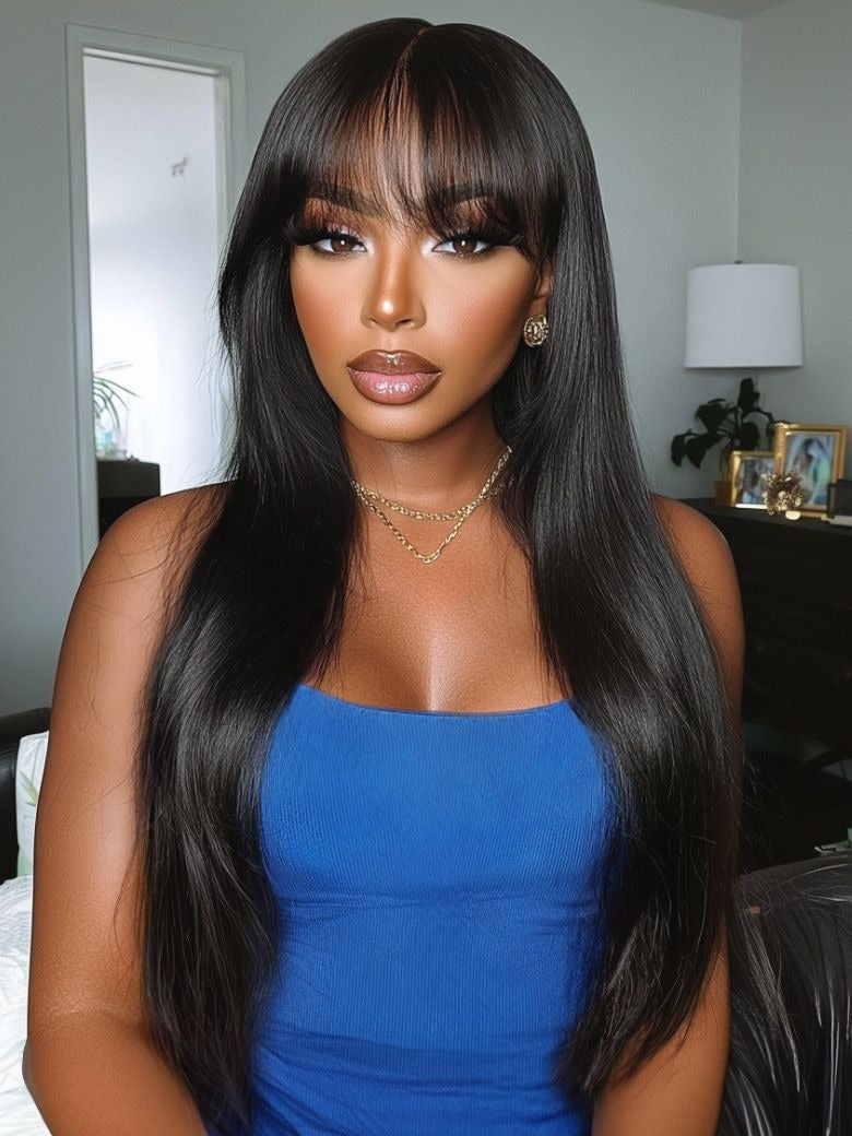 Pre-Everything 7x5 9X6 Straight Hair With Bangs Blunt Cut Soft Face-Framing Bangs Human Hair Wear Go Wig