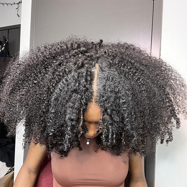 Seegethair Drawstring V Part Kinky Curly Wig 250% Density No Leave Out Thin Part Glueless Human Hair Wig For Beginners