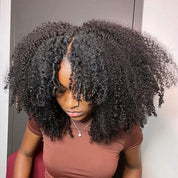 Seegethair Drawstring V Part Kinky Curly Wig 250% Density No Leave Out Thin Part Glueless Human Hair Wig For Beginners