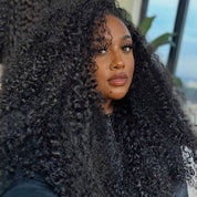 Drawstring Kinky Curly Half Wig Full Machine Made Natural Hairline 250% Density Blend With Natural Hair
