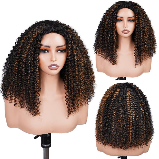 Seegethair  3 In 1 Drawstring Half Wigs Kinky Curly Highlight Color Human Hair Wigs Flip Over Wig